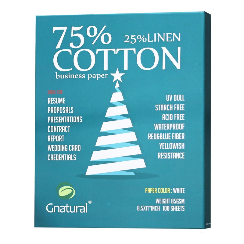 gnatural 75% قطن 25% كتان ورق، 85 جرام لكل متر مربع ورق طباعة نفاثة للحبر، 8.5"x11" ورق سيرة ذاتية أبيض، 100 ورقة لن تتبلل ورق قطن - Image 1